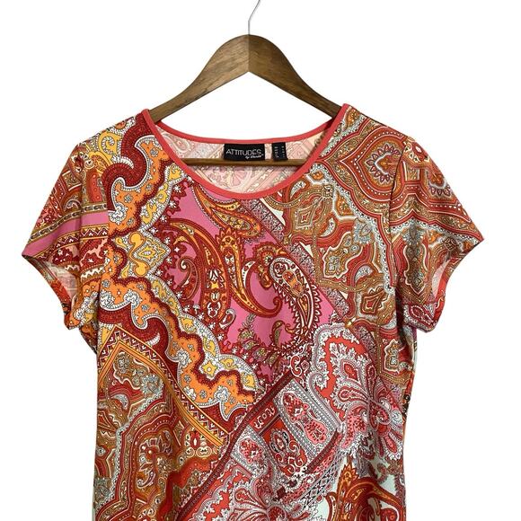 Attitudes by Renee Dress Womens M Red Orange Pink Short Midi Stretchy Slit - Picture 2 of 9